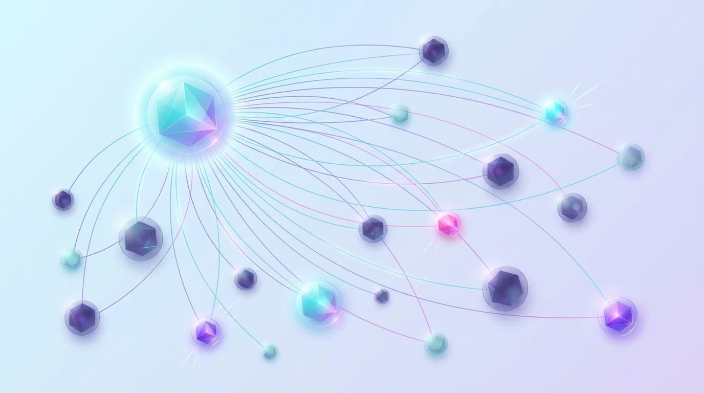 Abstract discovery graphic of a central node with lines fanning out to smaller highlighted community nodes across a network, representing five ways to find relevant subreddits