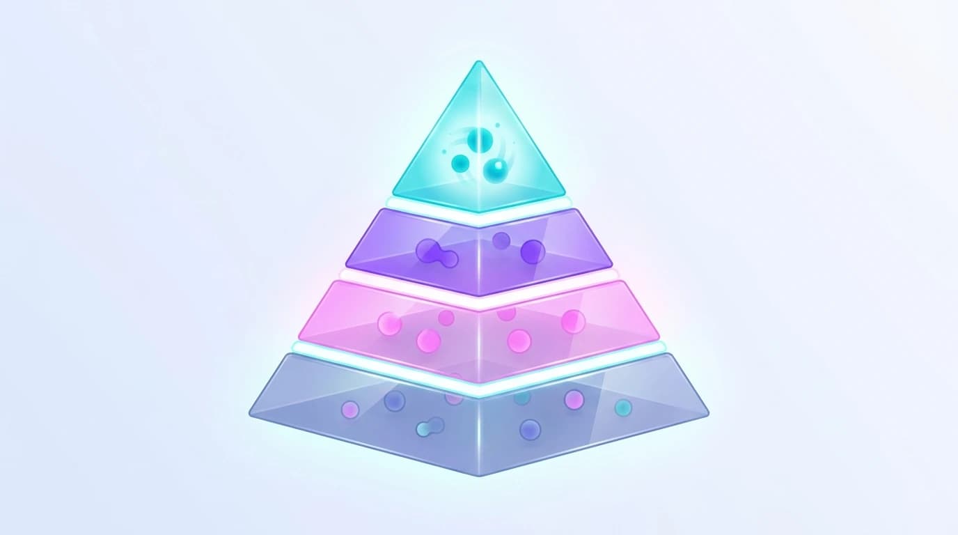 Abstract four-tier pyramid of community nodes narrowing toward a bright high-intent top tier, representing mapping subreddits to buyer intent