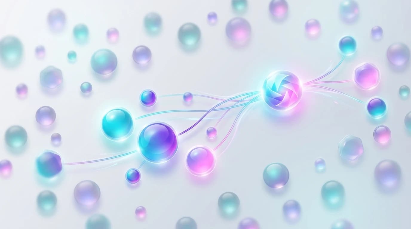 Abstract network of glowing community nodes with a small highlighted subset connected to a central focal point, representing selecting the right subreddits for B2B SaaS lead generation, in Pulse turquoise, violet, and pink