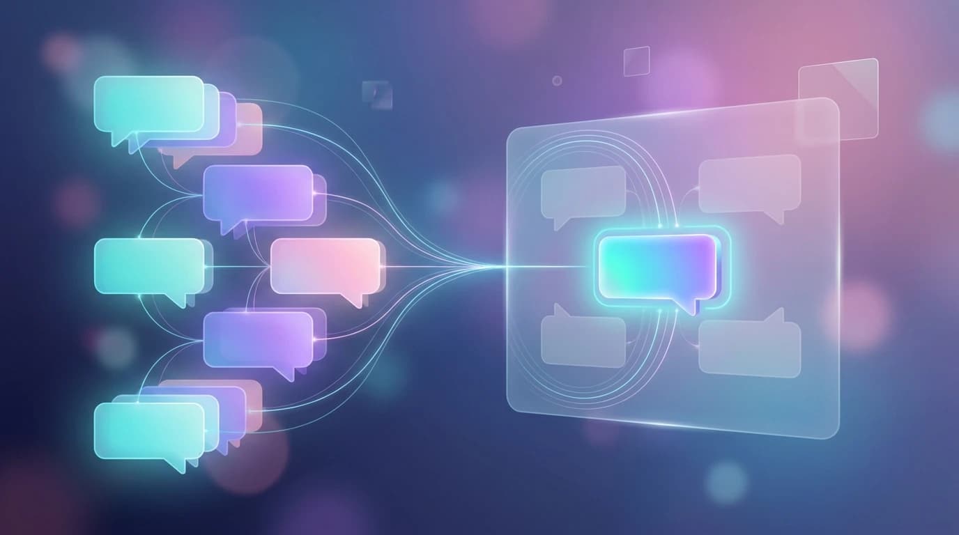 Abstract illustration of online conversation threads flowing into an AI answer panel that highlights one recommended brand
