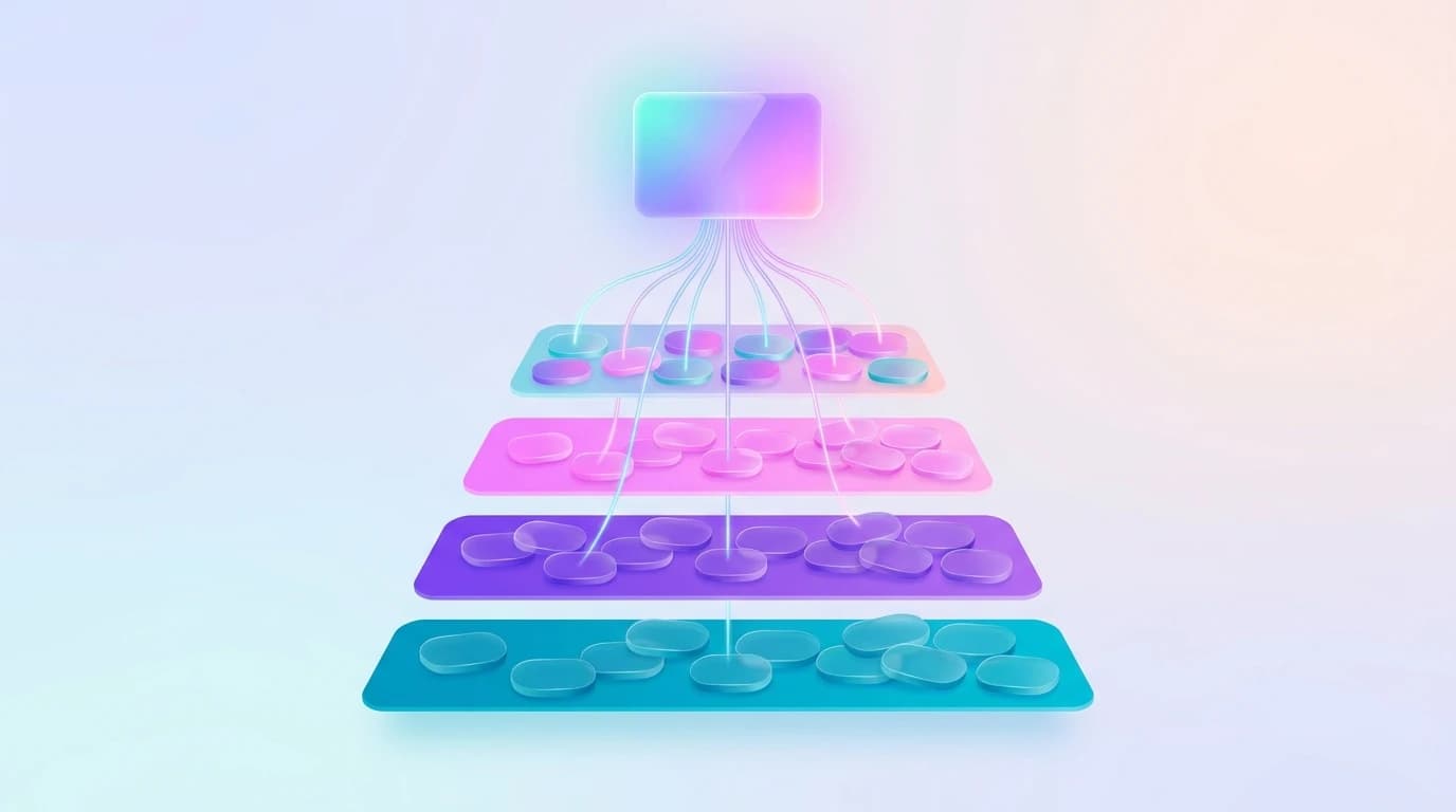 Abstract diagram of one client card branching into four stacked tiers of keyword chips, representing the per-client listening architecture