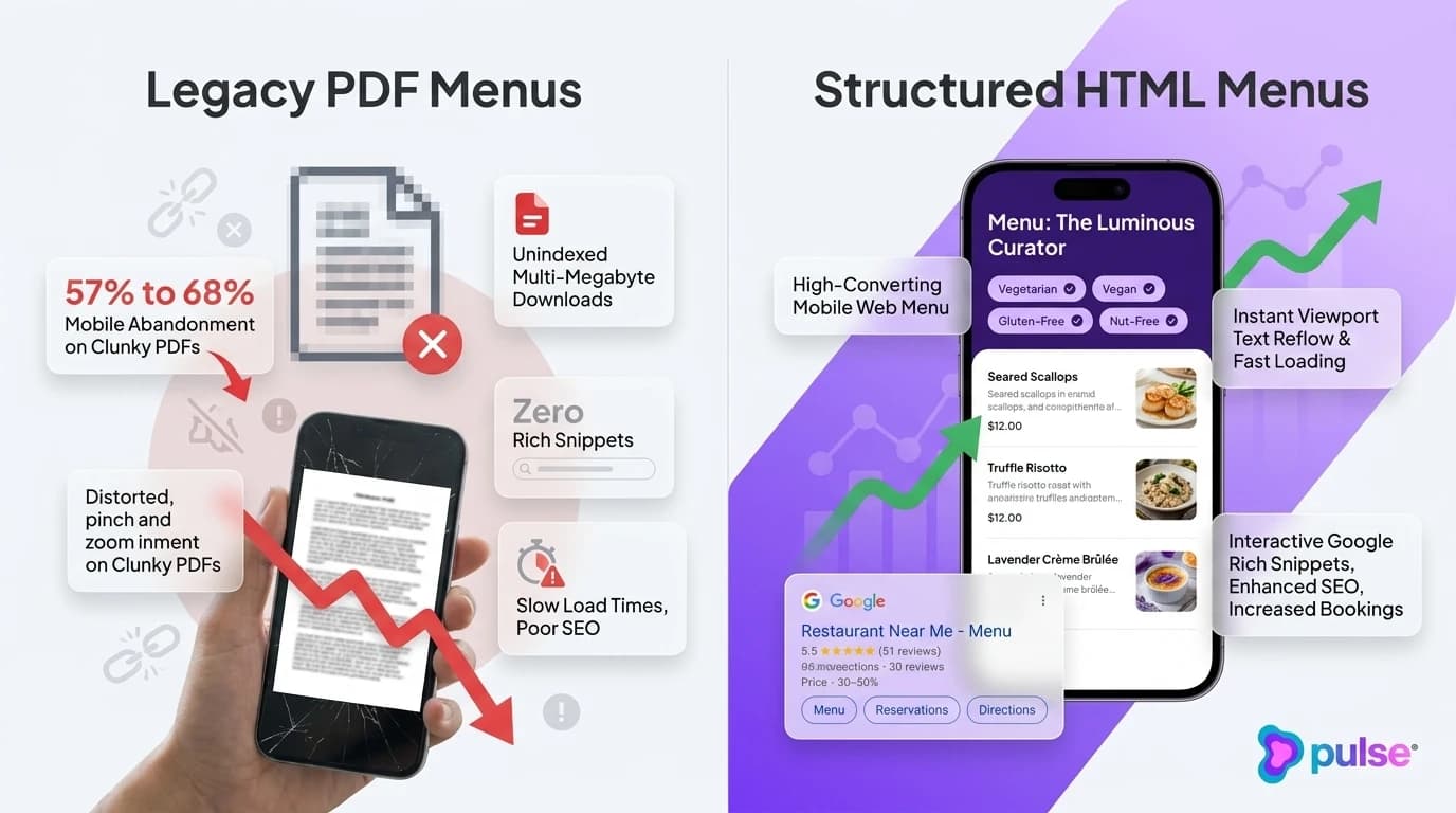Comparison scorecard contrasting mobile bounce rates and search invisibility of PDF menus against responsive HTML menus with structured schema