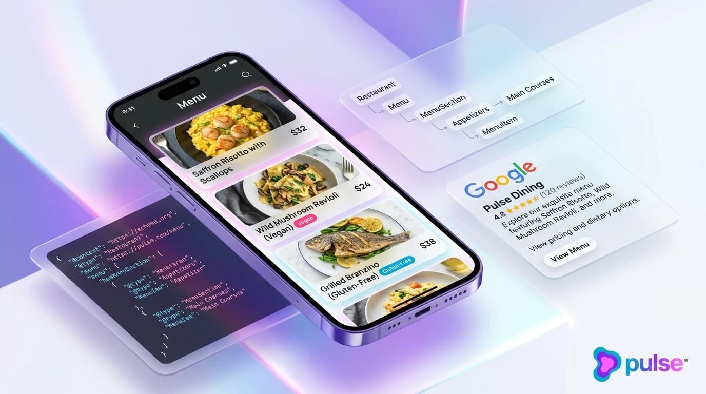 Editorial illustration of restaurant menu schema markup, JSON-LD structured data nodes, and mobile dining discovery in violet, lavender, and cyan
