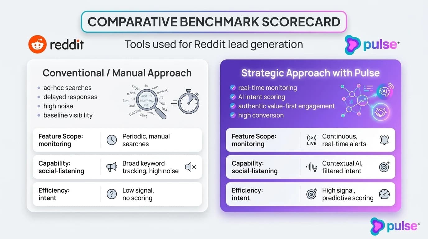 Comparative scorecard contrasting Conventional / Manual Approach versus Strategic Approach with Pulse for Tools used for Reddit lead generation